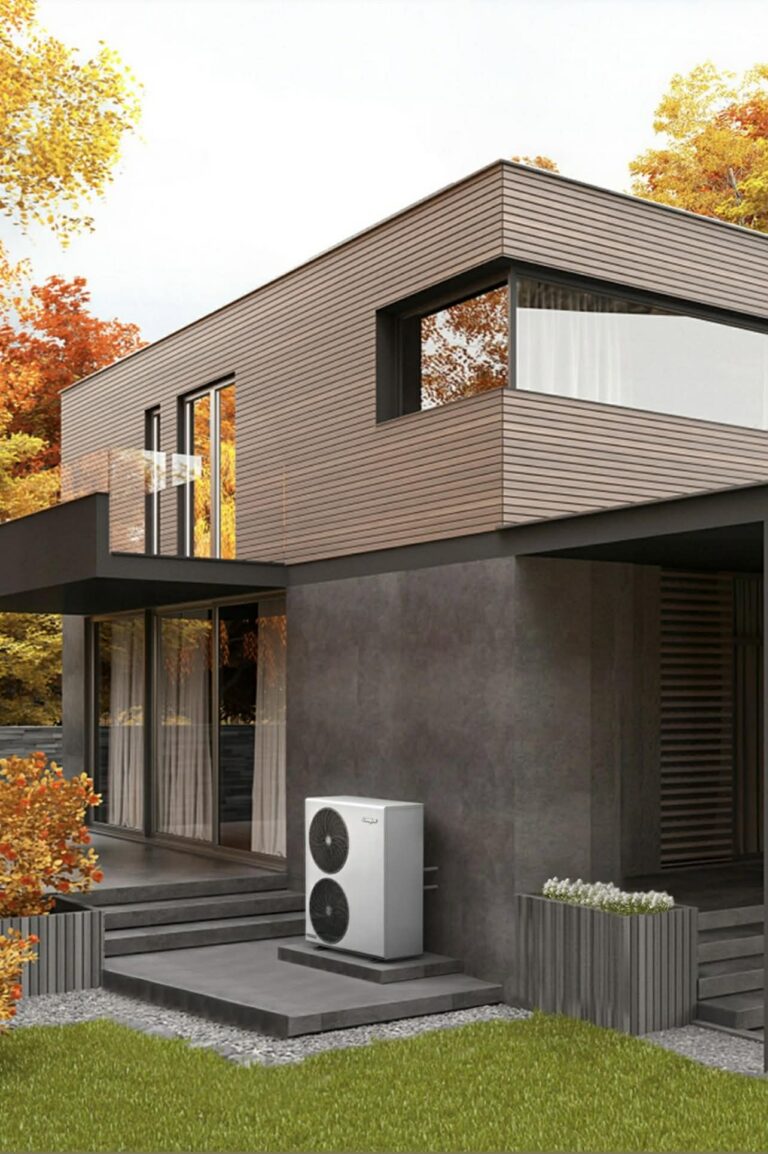 Kaasaegne eramu ja säästlik küttesüsteem: õhk-vesi soojuspump paigaldatuna maja fassaadile